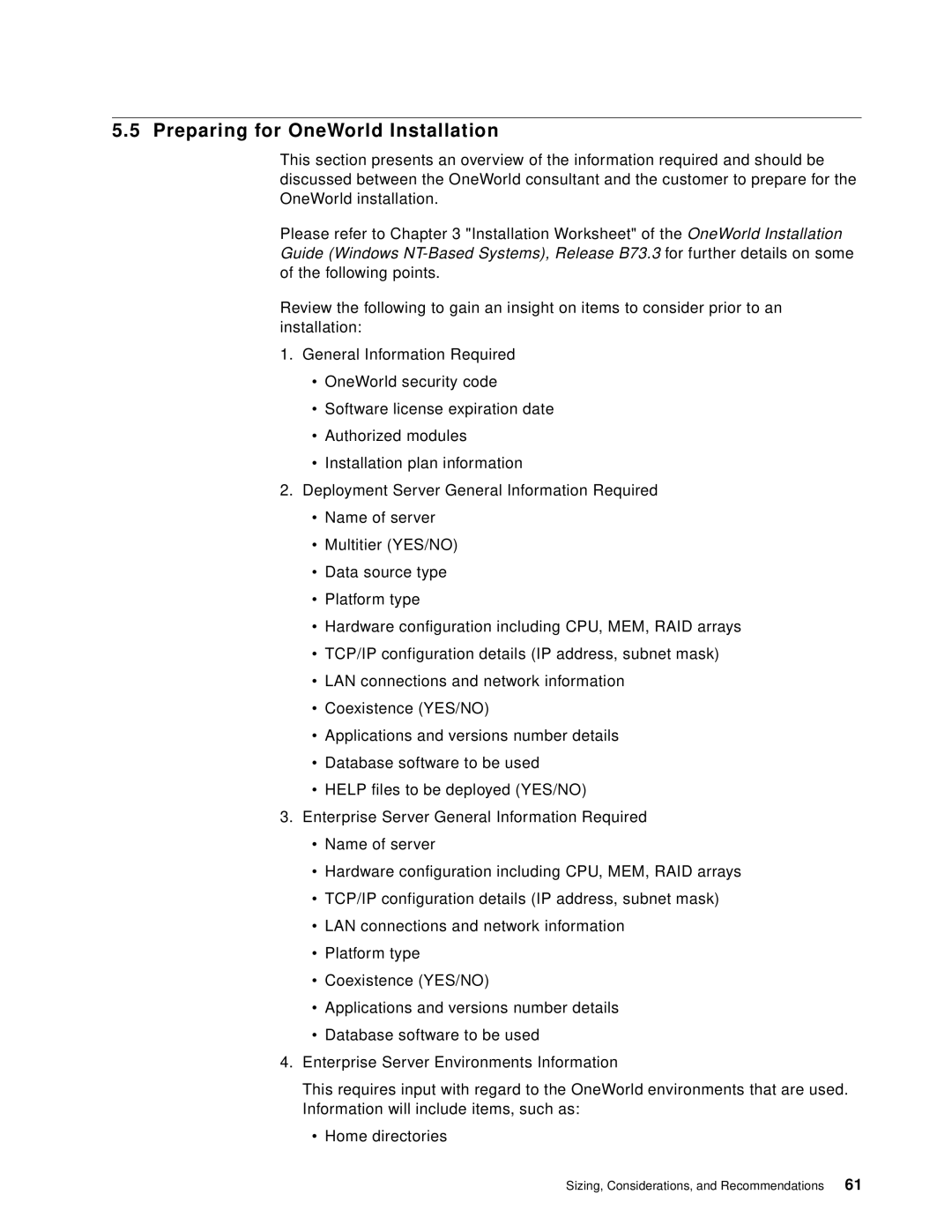 IBM B73.3 manual Preparing for OneWorld Installation 