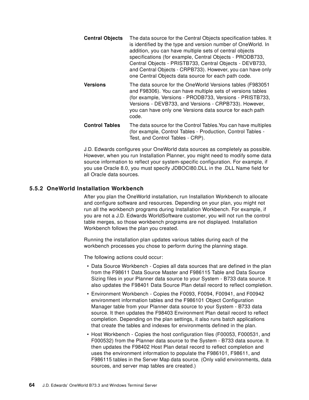 IBM B73.3 manual OneWorld Installation Workbench, Central Objects, Versions, Control Tables 