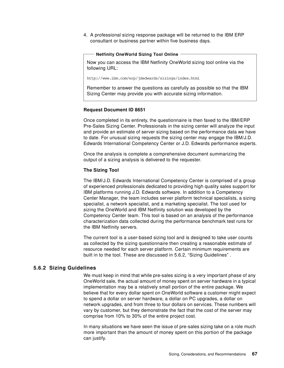 IBM B73.3 manual Sizing Guidelines, Request Document ID, Netfinity OneWorld Sizing Tool Online 