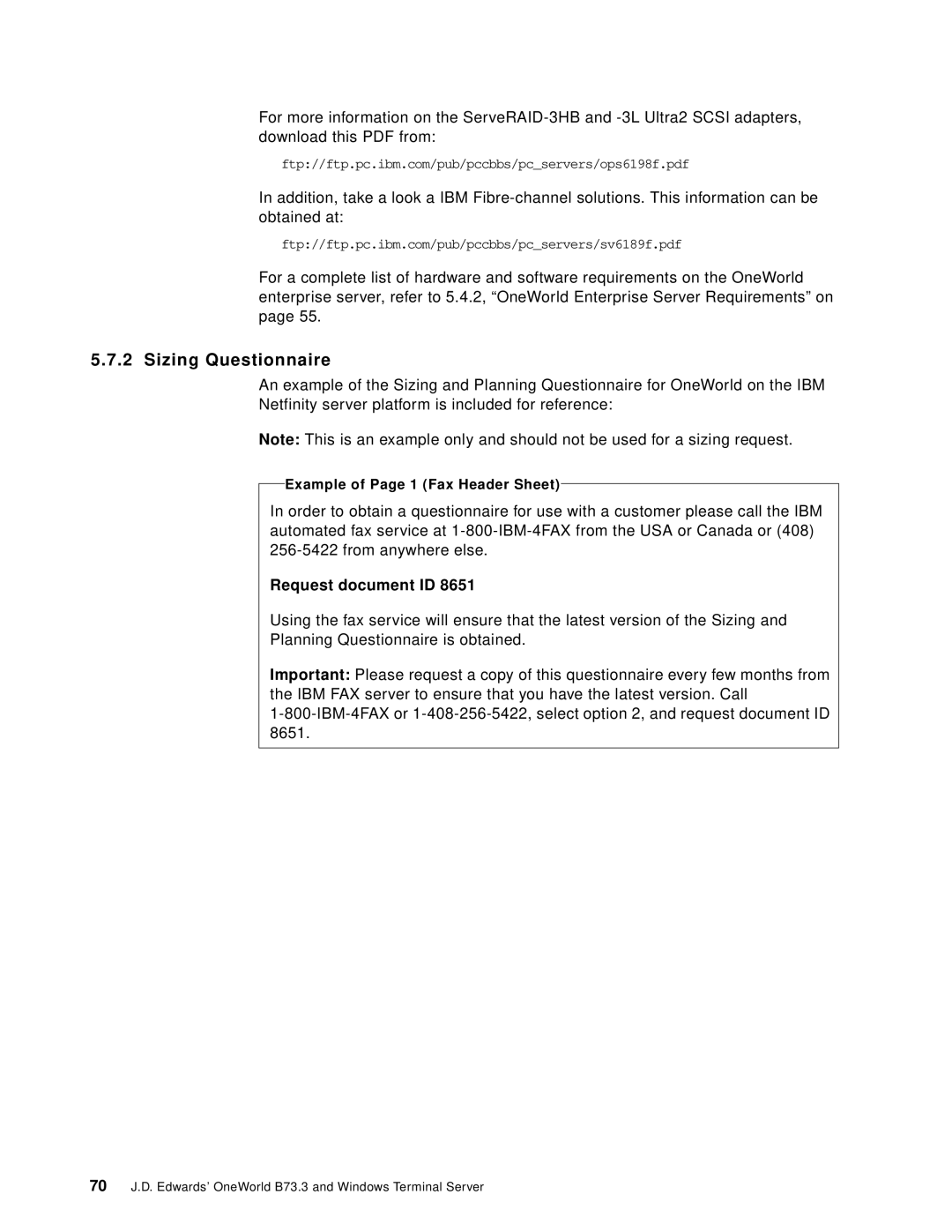 IBM B73.3 manual Sizing Questionnaire, Example of Page 1 Fax Header Sheet 