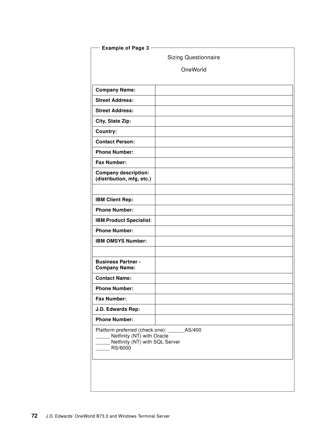 IBM B73.3 manual Sizing Questionnaire OneWorld 