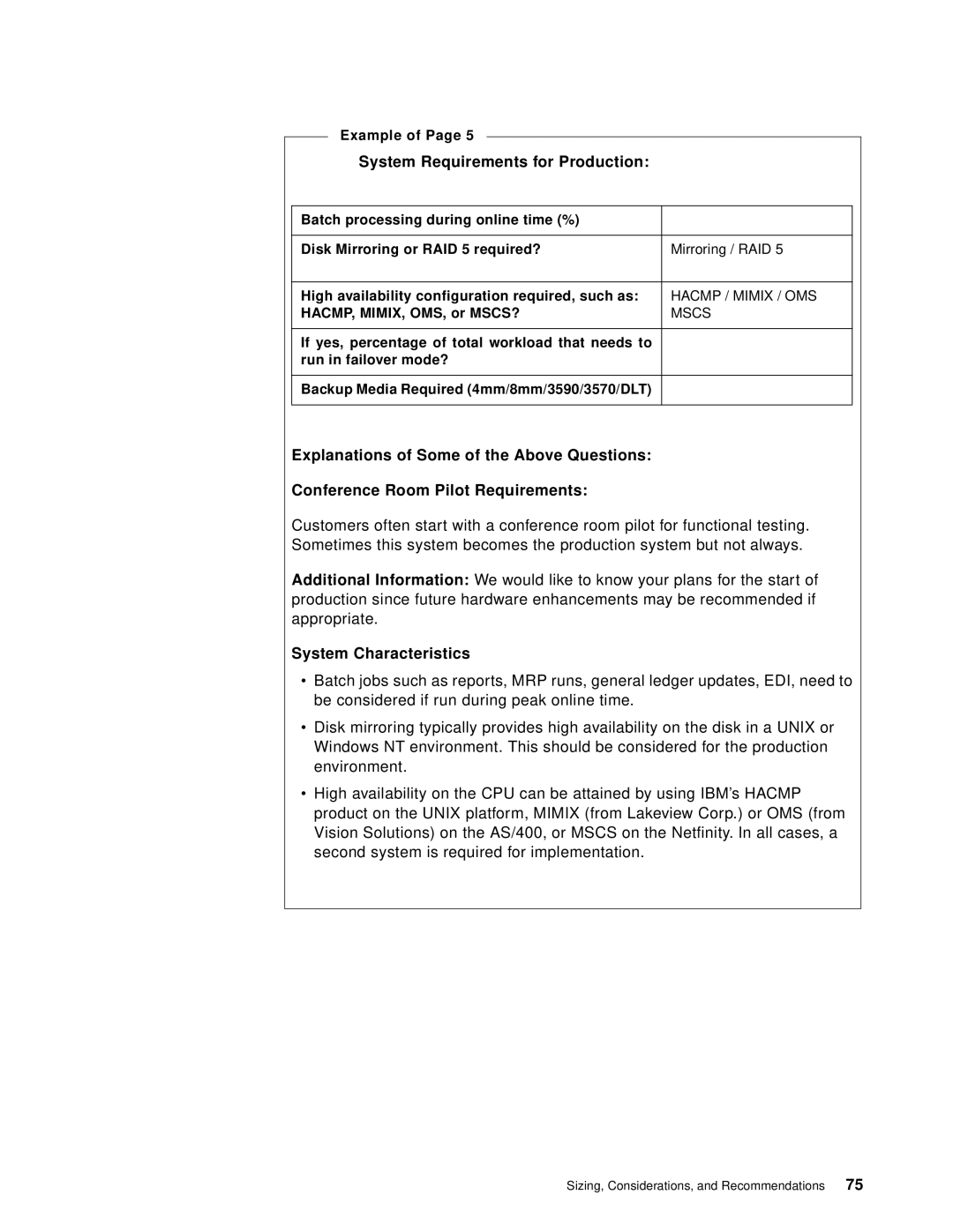 IBM B73.3 manual System Requirements for Production, System Characteristics, HACMP, MIMIX, OMS, or MSCS? 