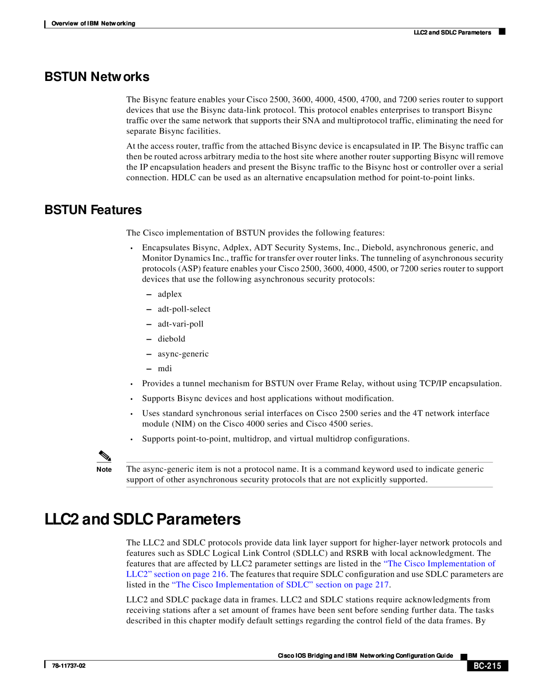 IBM BC-201 manual LLC2 and SDLC Parameters, BSTUN Networks, BSTUN Features, BC-215 