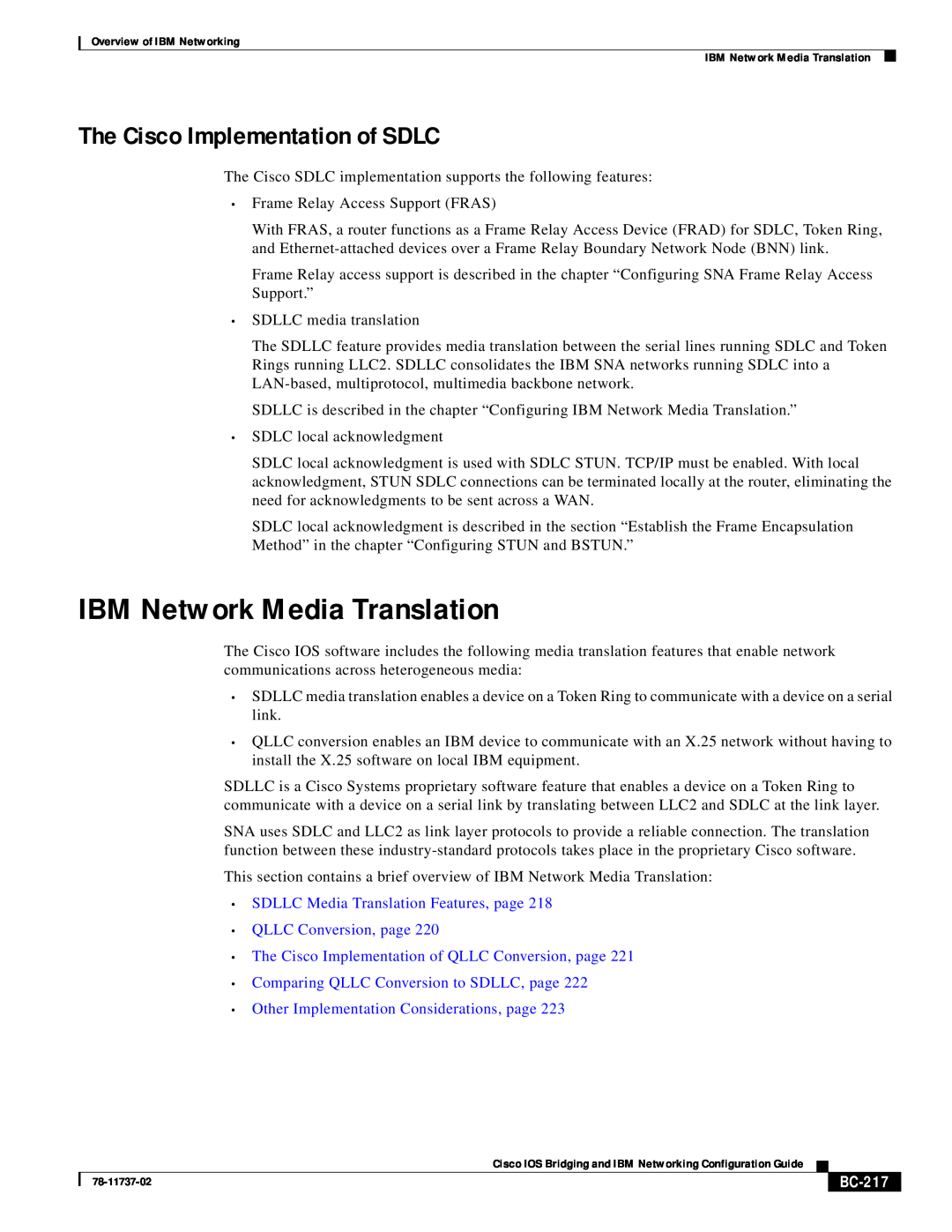 IBM BC-201 manual IBM Network Media Translation, The Cisco Implementation of SDLC, Comparing QLLC Conversion to SDLLC, page 