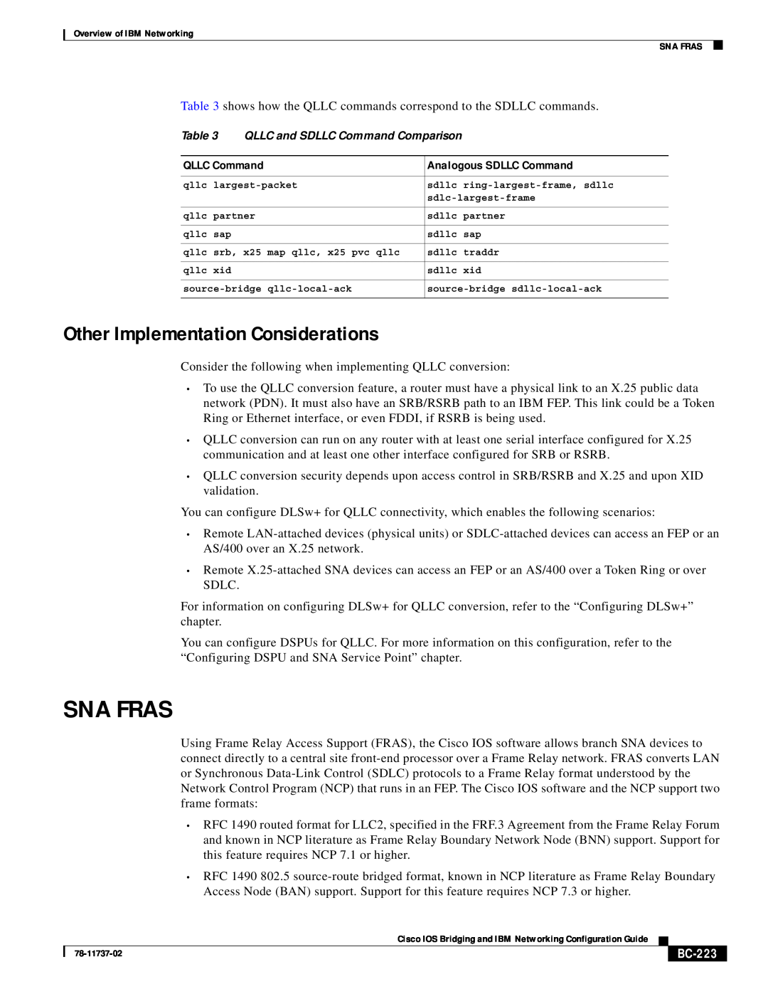 IBM BC-201 manual Sna Fras, Other Implementation Considerations, QLLC Command, Analogous SDLLC Command, BC-223 