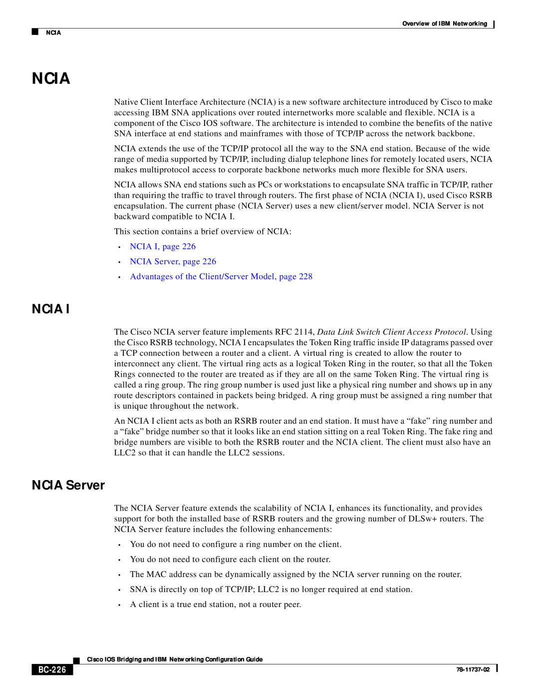 IBM BC-201 manual Ncia, NCIA I, page NCIA Server, page, Advantages of the Client/Server Model, page, BC-226 