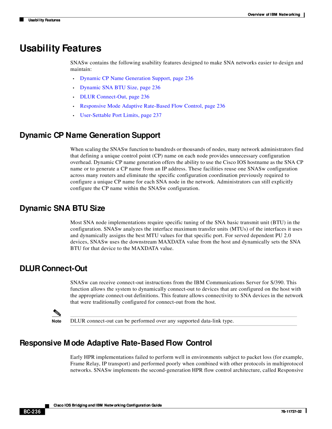 IBM BC-201 manual Usability Features, Dynamic CP Name Generation Support, Dynamic SNA BTU Size, DLUR Connect-Out, BC-236 