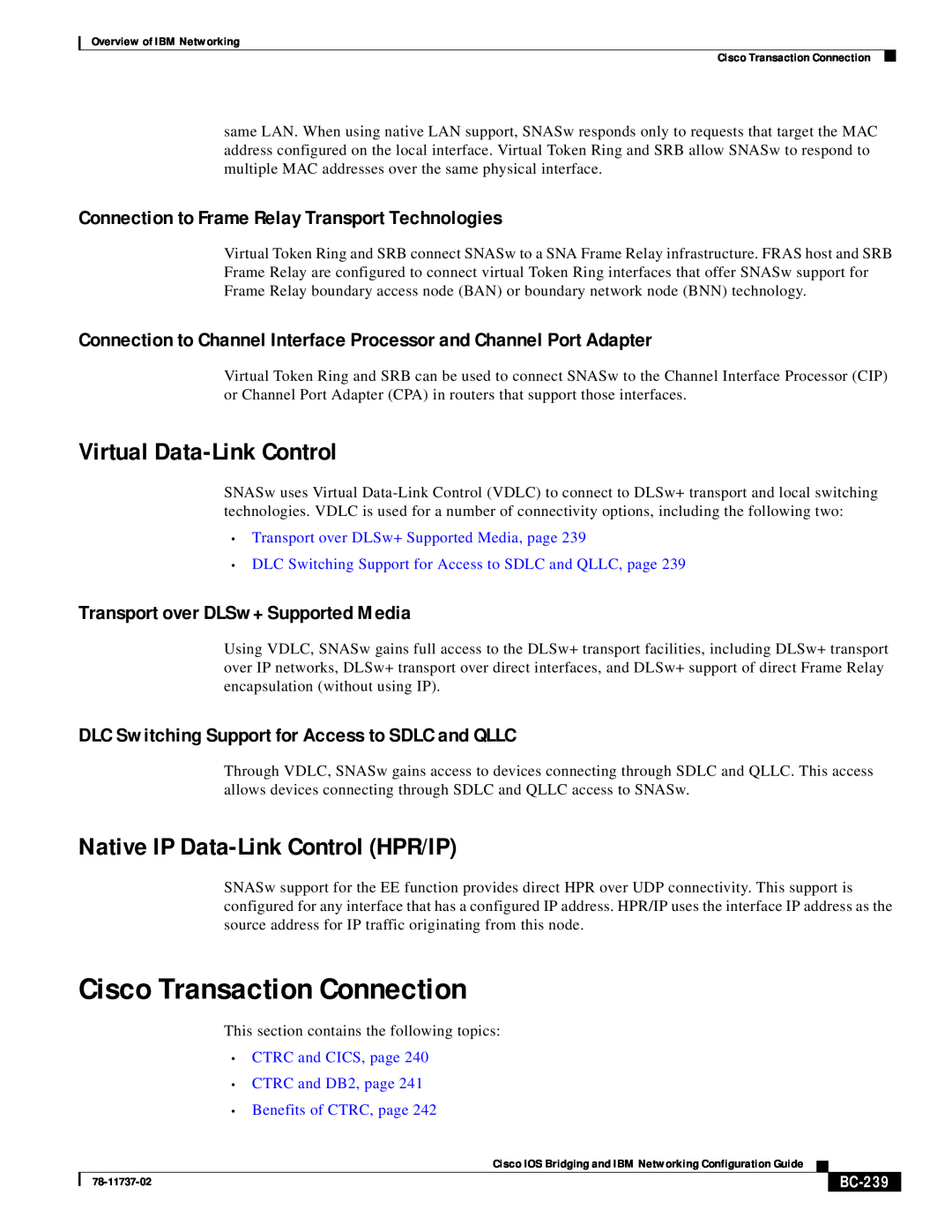IBM BC-201 manual Cisco Transaction Connection, Virtual Data-Link Control, Native IP Data-Link Control HPR/IP, BC-239 