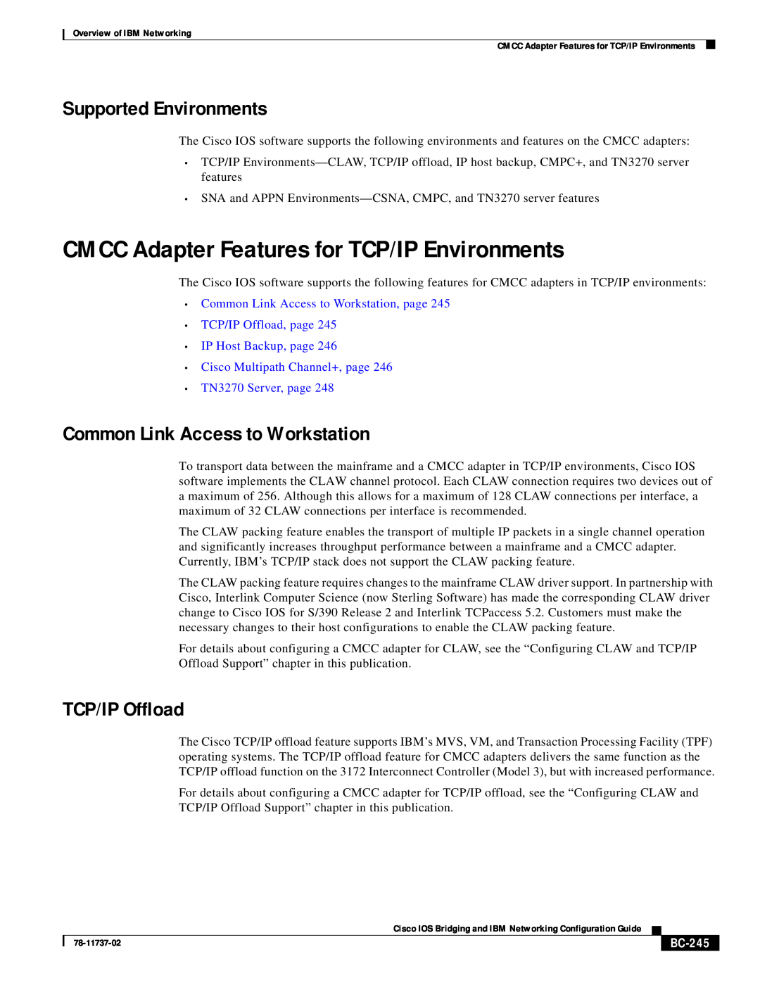 IBM BC-201 manual CMCC Adapter Features for TCP/IP Environments, Supported Environments, Common Link Access to Workstation 