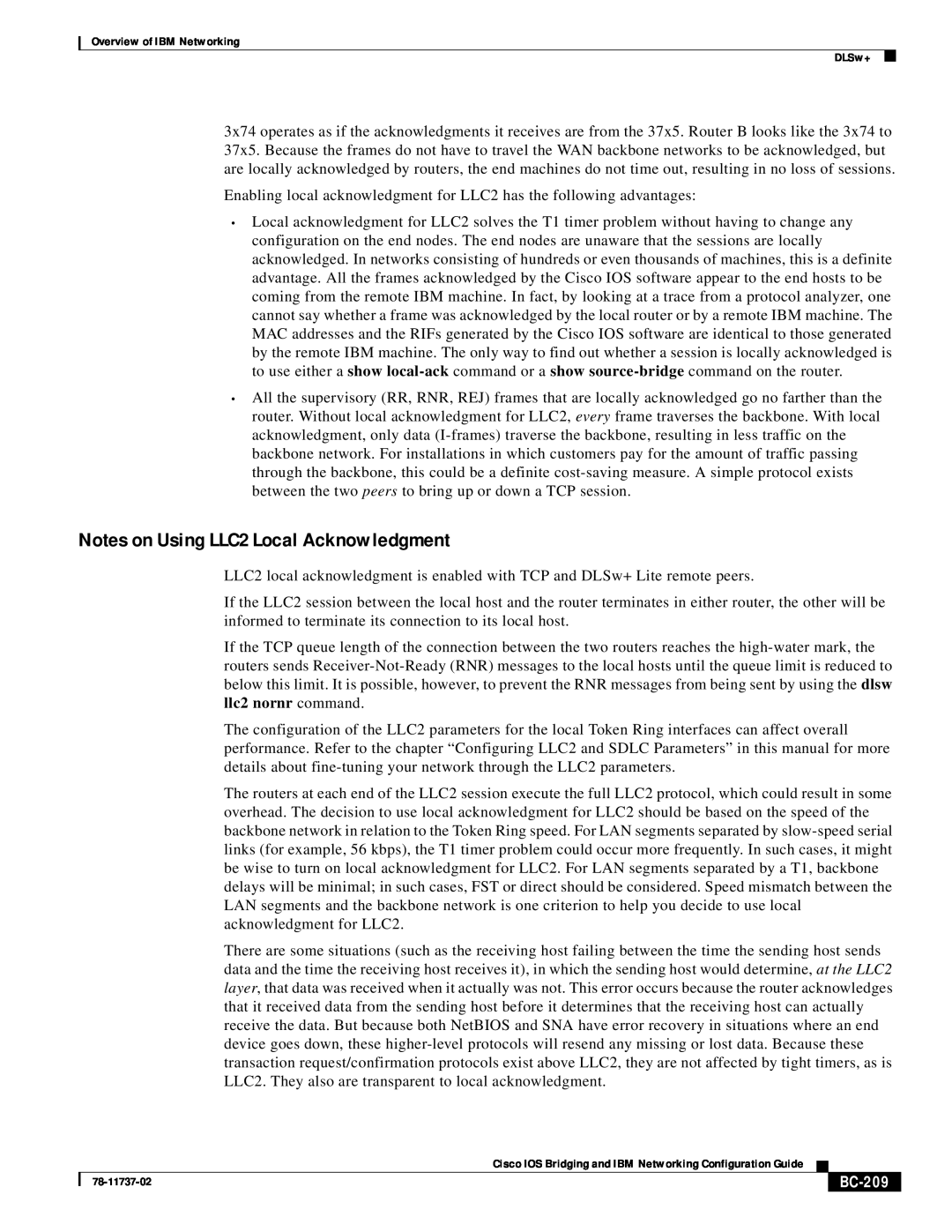IBM BC-201 manual Notes on Using LLC2 Local Acknowledgment, BC-209 
