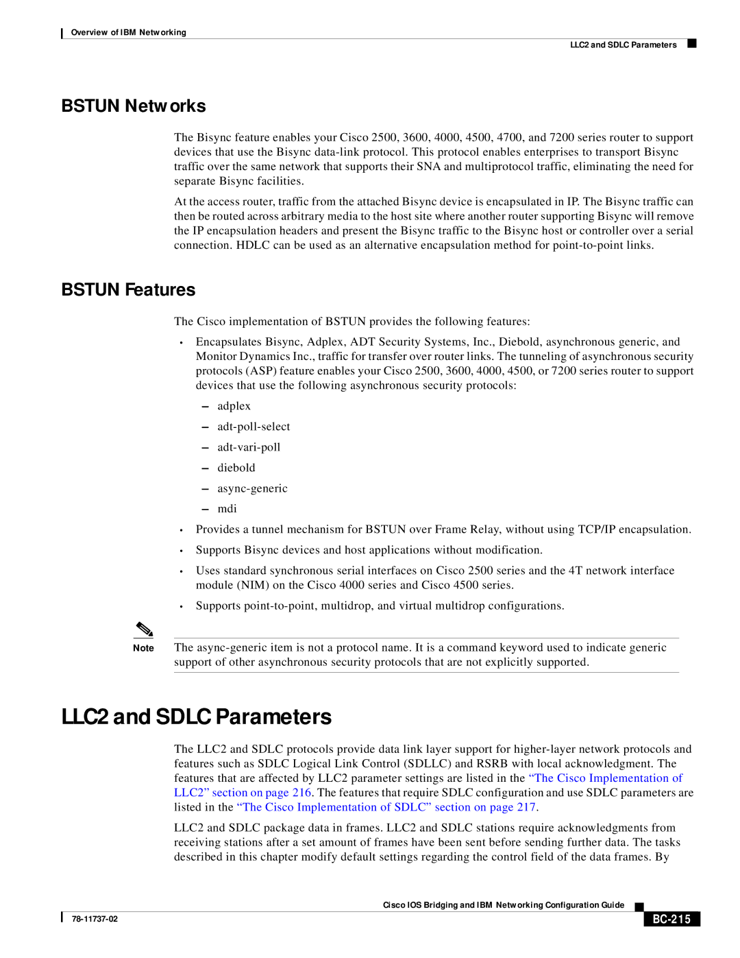 IBM BC-201 manual LLC2 and Sdlc Parameters, Bstun Networks, Bstun Features, BC-215 