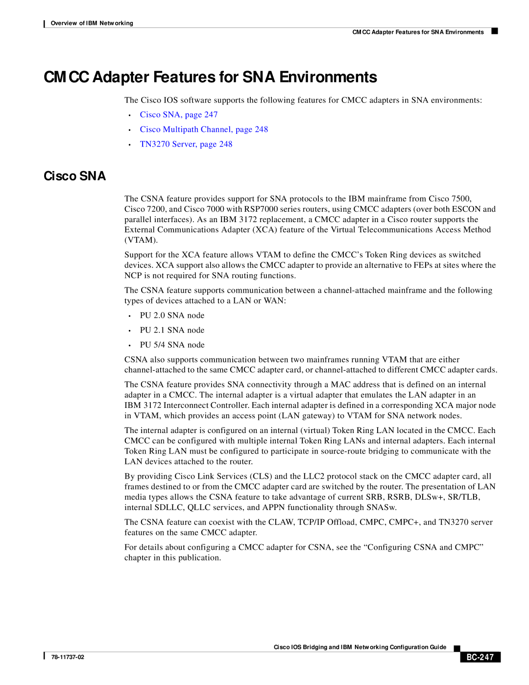 IBM BC-201 manual Cmcc Adapter Features for SNA Environments, Cisco SNA, BC-247 