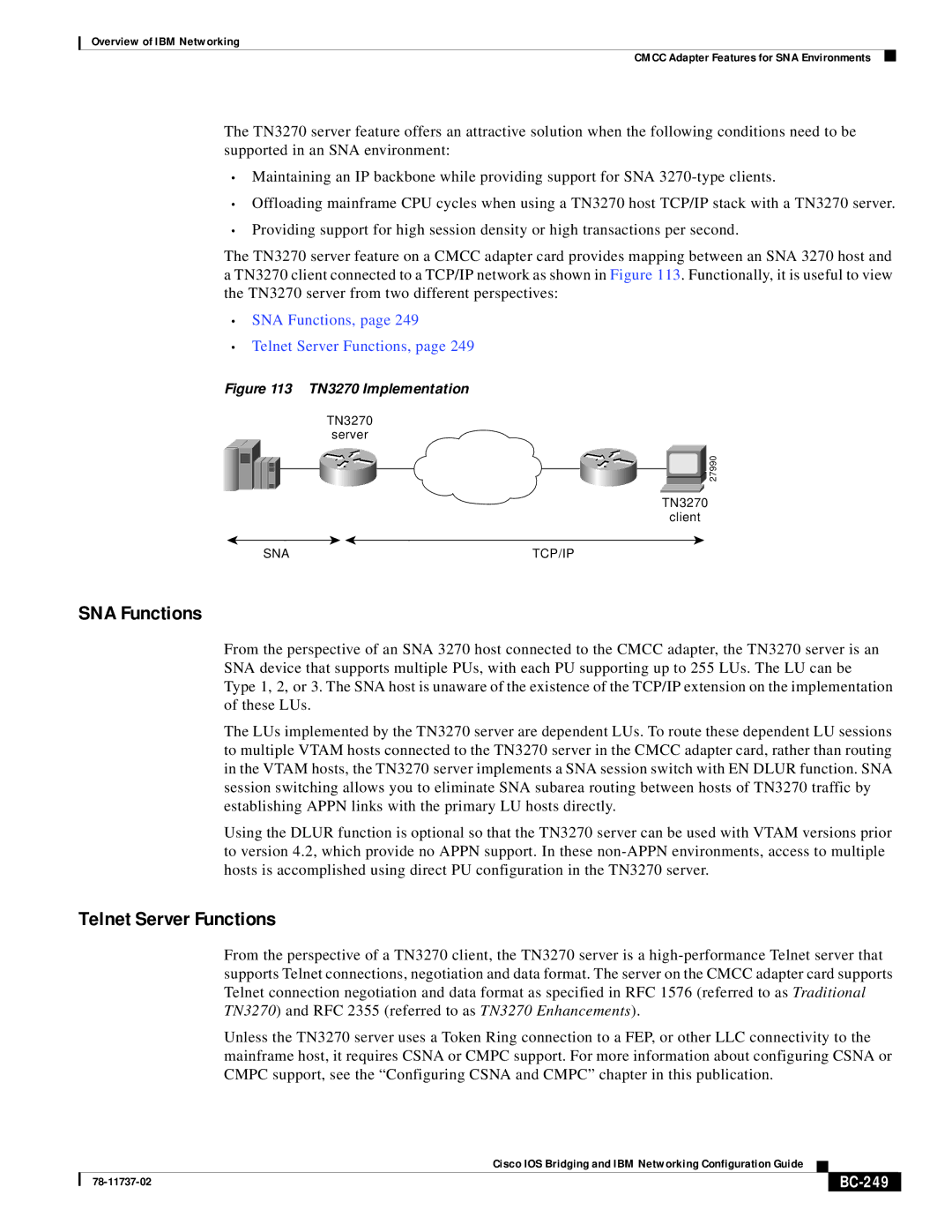 IBM BC-201 manual SNA Functions, Telnet Server Functions, BC-249 