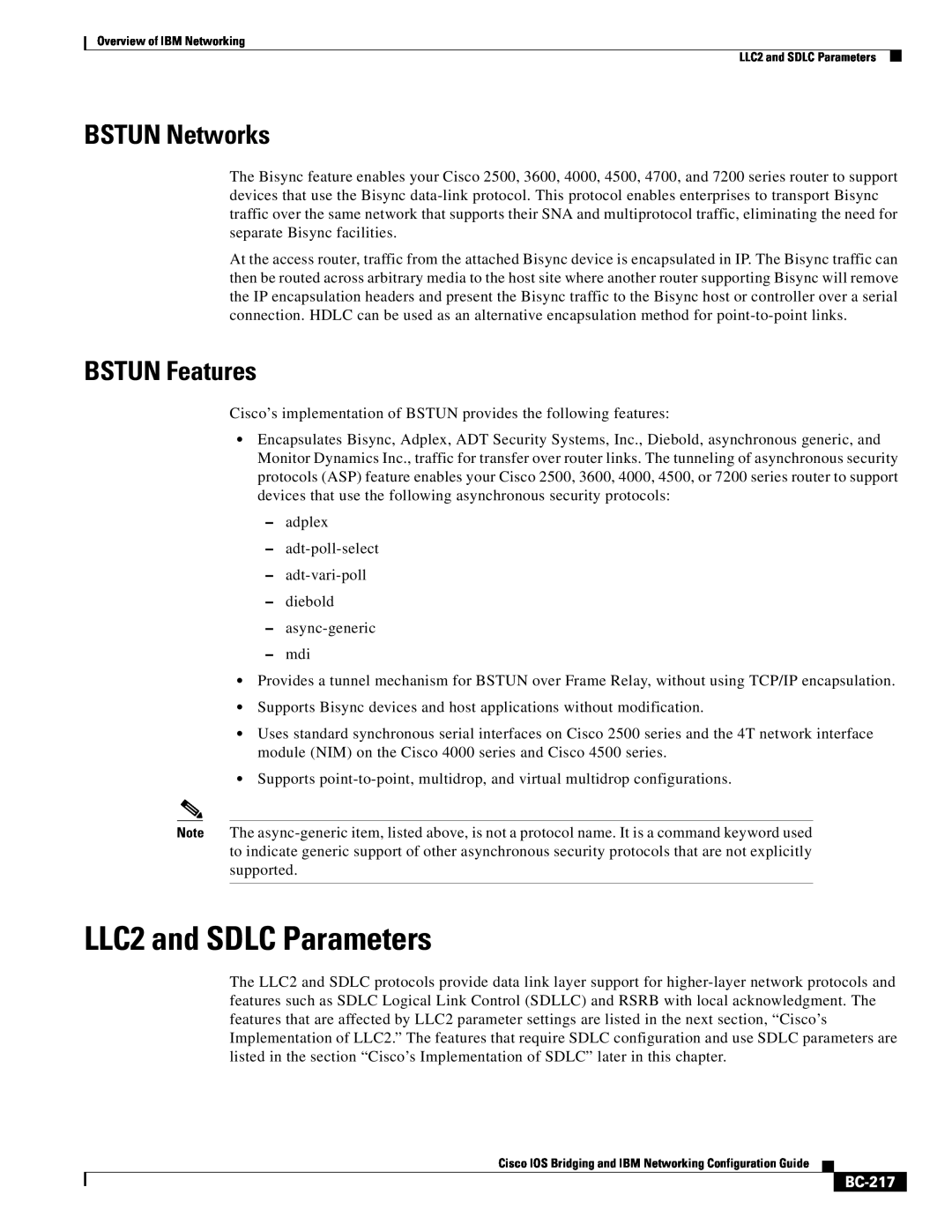 IBM BC-203 manual LLC2 and SDLC Parameters, BSTUN Networks, BSTUN Features, BC-217 