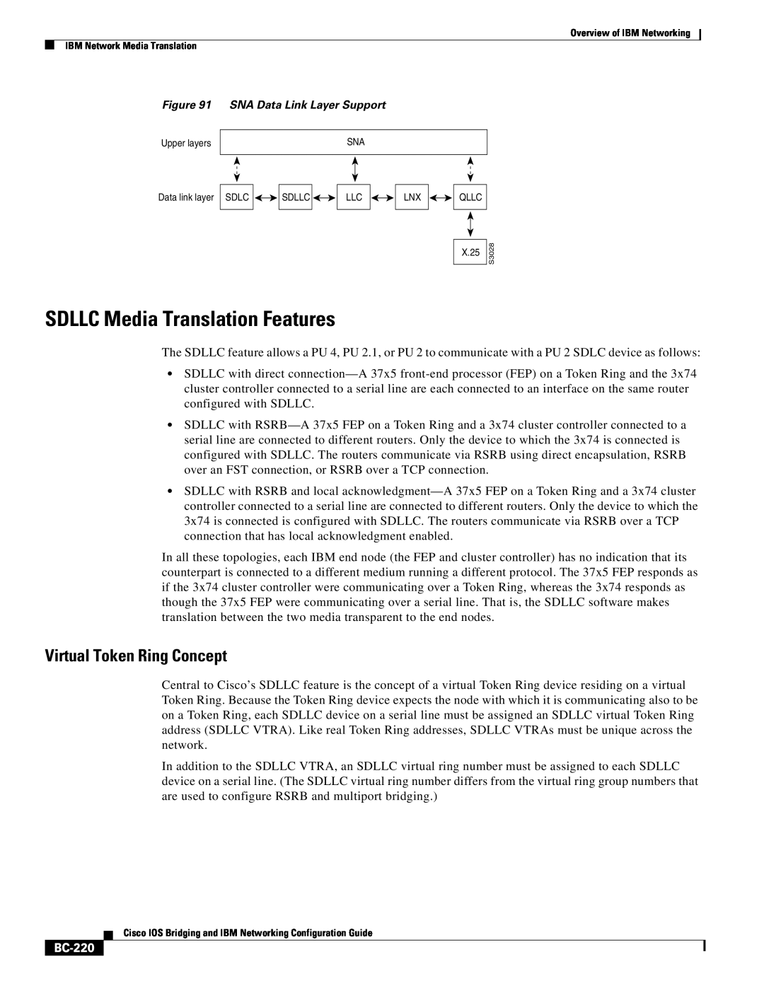 IBM BC-203 manual SDLLC Media Translation Features, Virtual Token Ring Concept, BC-220 