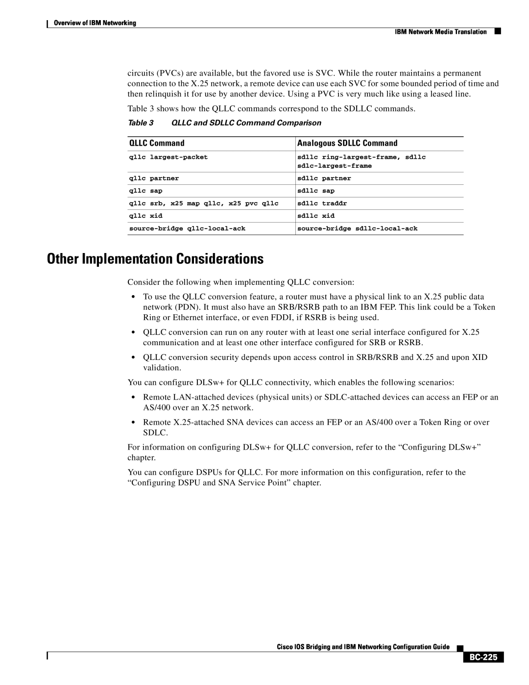 IBM BC-203 manual Other Implementation Considerations, QLLC Command, Analogous SDLLC Command, BC-225 