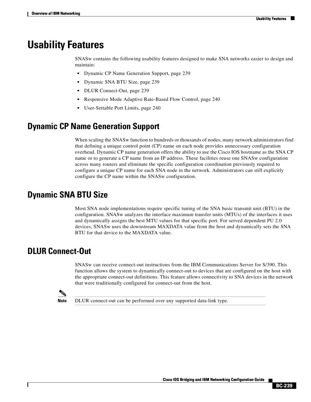 IBM BC-203 manual Usability Features, Dynamic CP Name Generation Support, Dynamic SNA BTU Size, DLUR Connect-Out, BC-239 