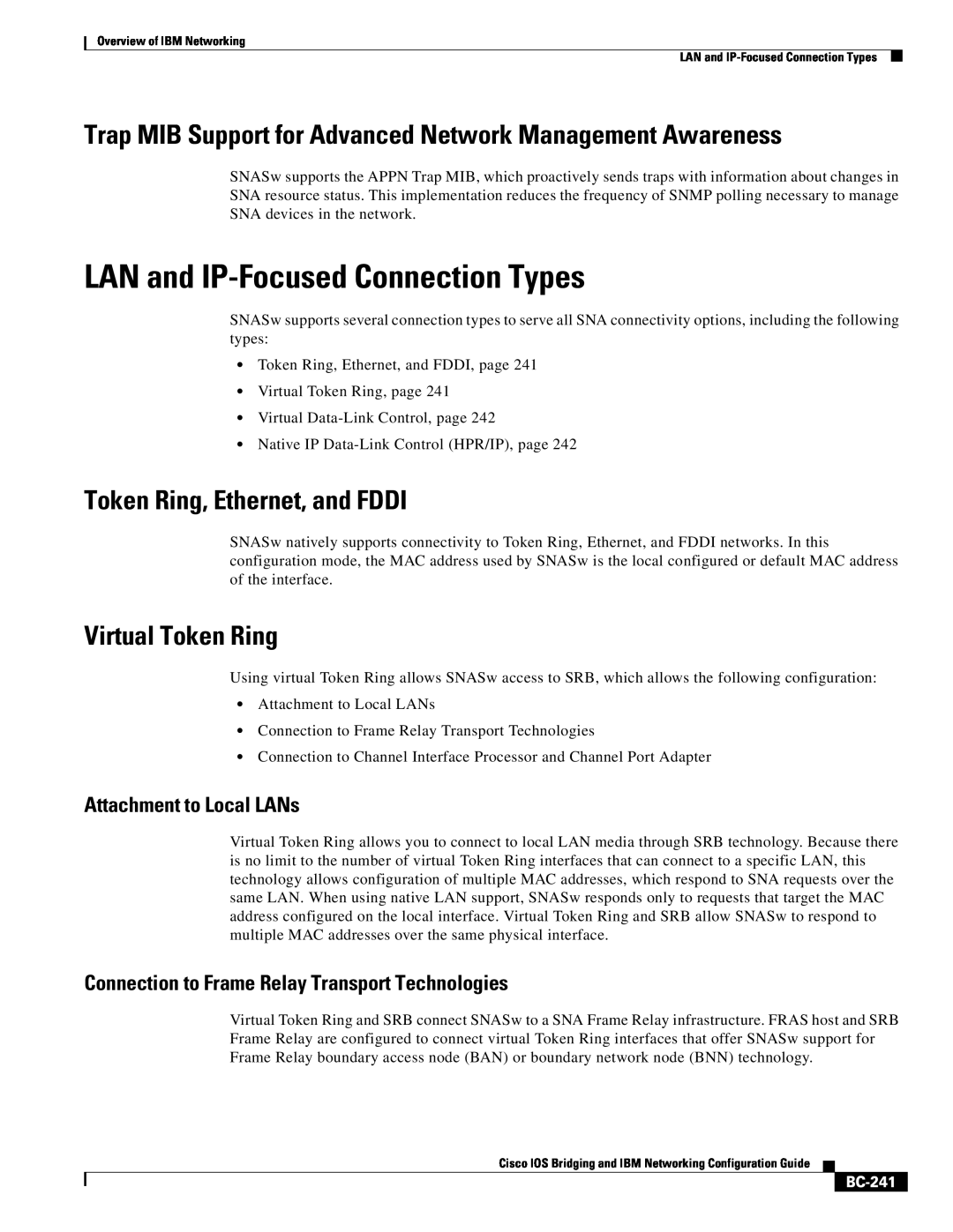 IBM BC-203 manual LAN and IP-Focused Connection Types, Trap MIB Support for Advanced Network Management Awareness, BC-241 