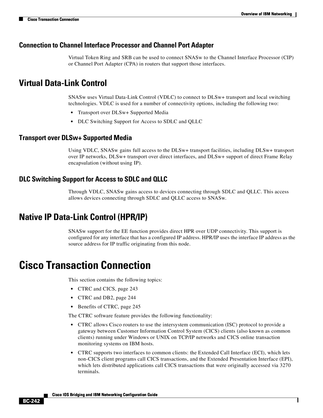 IBM BC-203 manual Cisco Transaction Connection, Virtual Data-Link Control, Native IP Data-Link Control HPR/IP, BC-242 