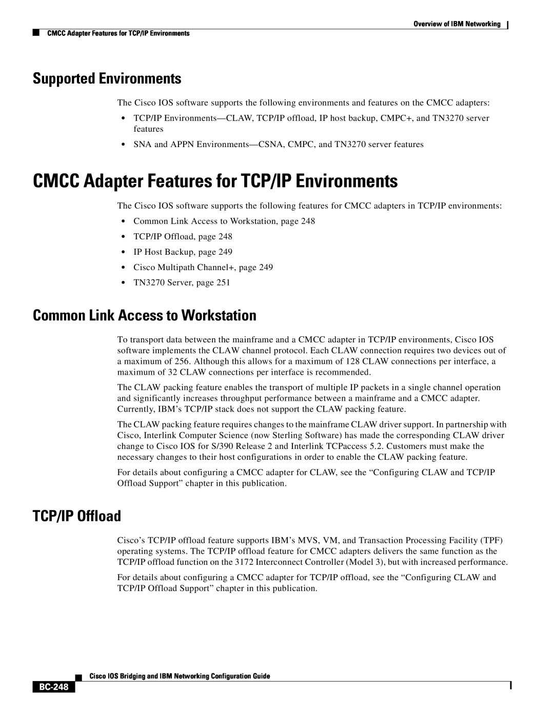 IBM BC-203 manual CMCC Adapter Features for TCP/IP Environments, Supported Environments, Common Link Access to Workstation 