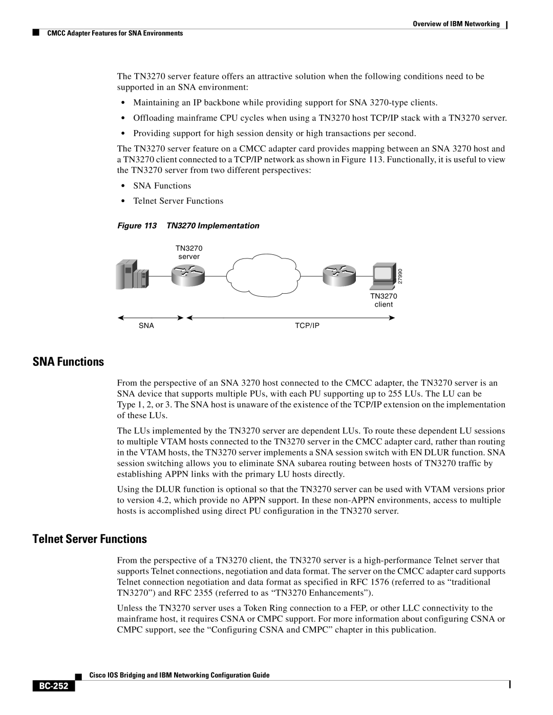 IBM BC-203 manual SNA Functions, Telnet Server Functions, BC-252 