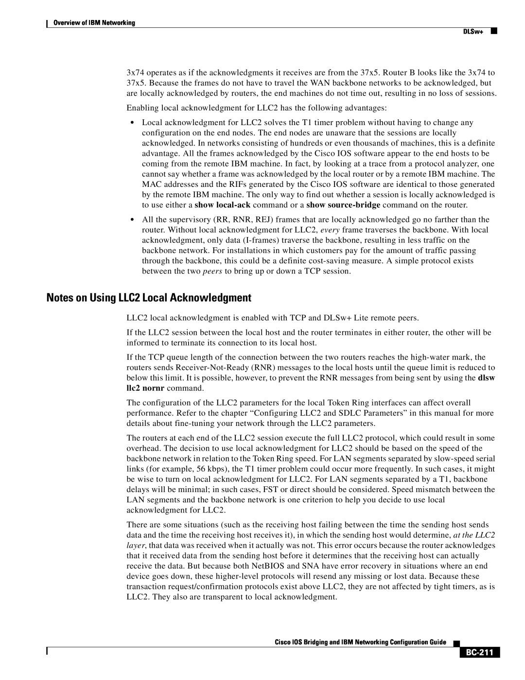 IBM BC-203 manual Notes on Using LLC2 Local Acknowledgment, BC-211 