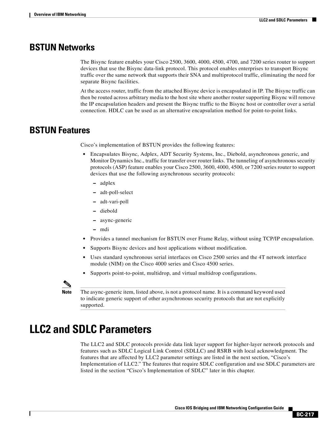 IBM BC-203 manual LLC2 and Sdlc Parameters, Bstun Networks, Bstun Features, BC-217 