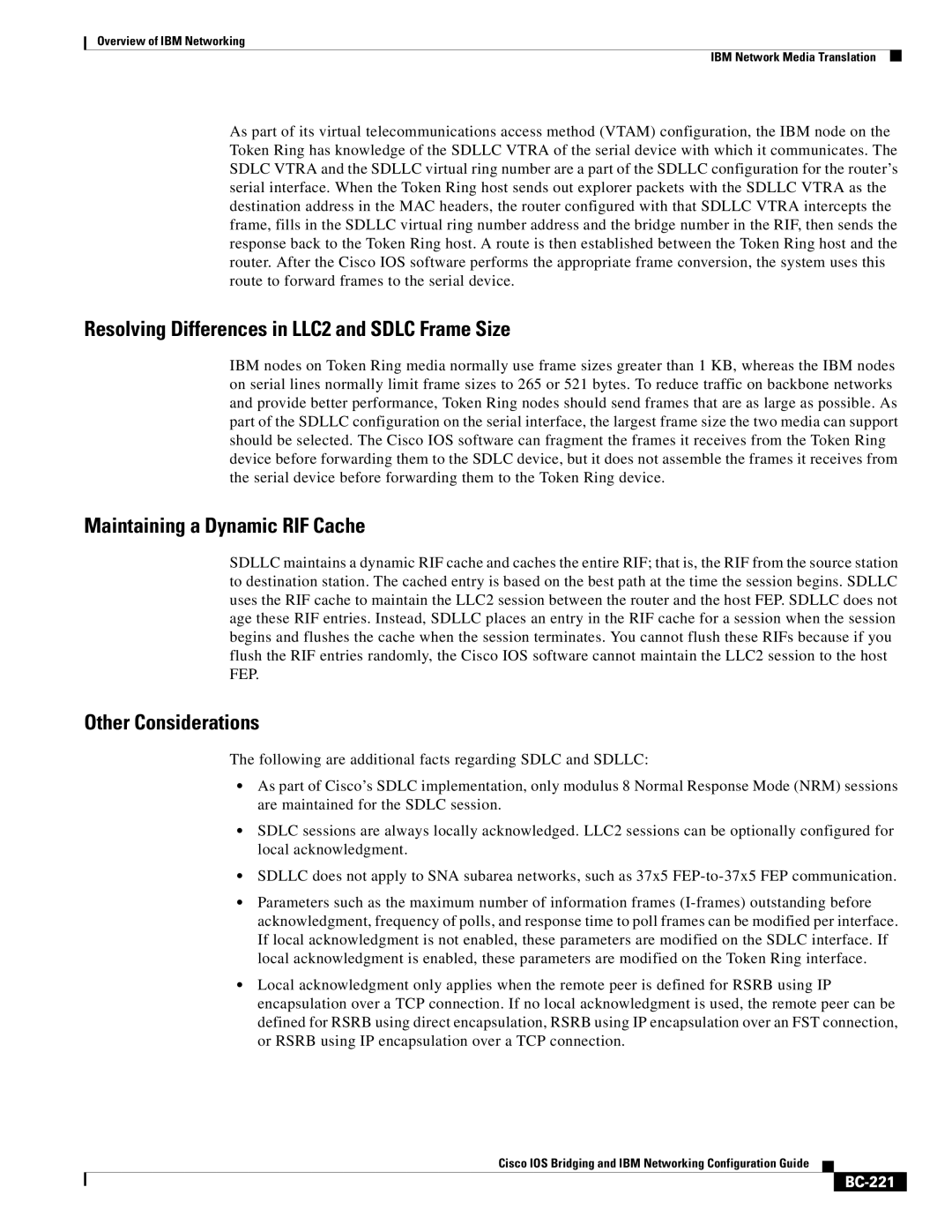 IBM BC-203 manual Resolving Differences in LLC2 and Sdlc Frame Size, Maintaining a Dynamic RIF Cache, Other Considerations 