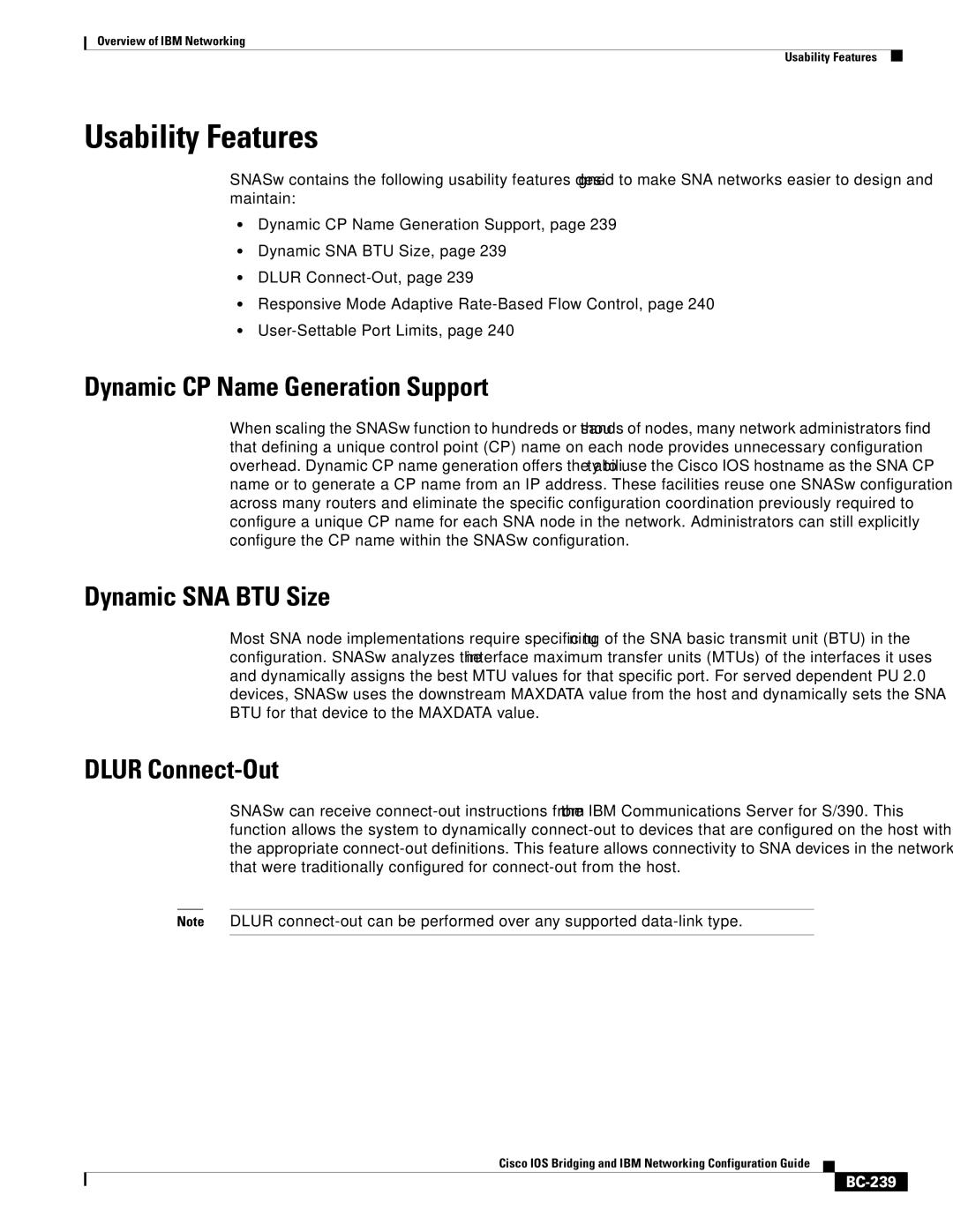 IBM BC-203 manual Usability Features, Dynamic CP Name Generation Support, Dynamic SNA BTU Size, Dlur Connect-Out, BC-239 