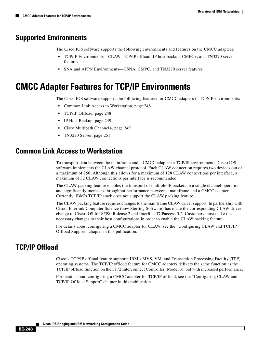 IBM BC-203 manual Cmcc Adapter Features for TCP/IP Environments, Supported Environments, Common Link Access to Workstation 