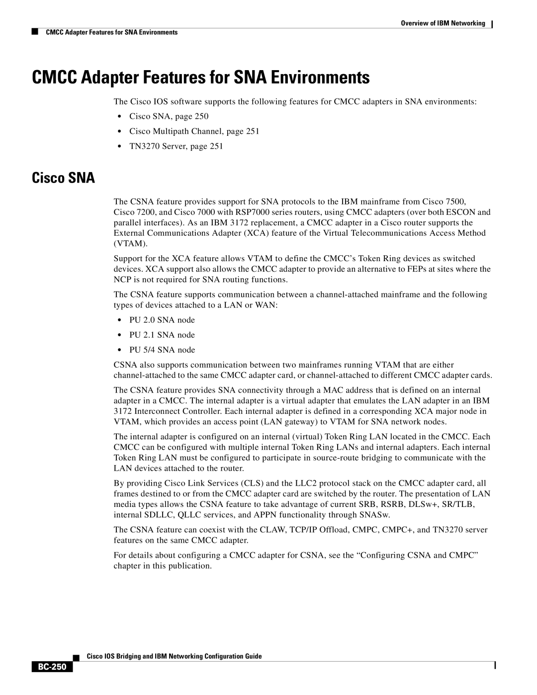 IBM BC-203 manual Cmcc Adapter Features for SNA Environments, Cisco SNA, BC-250 