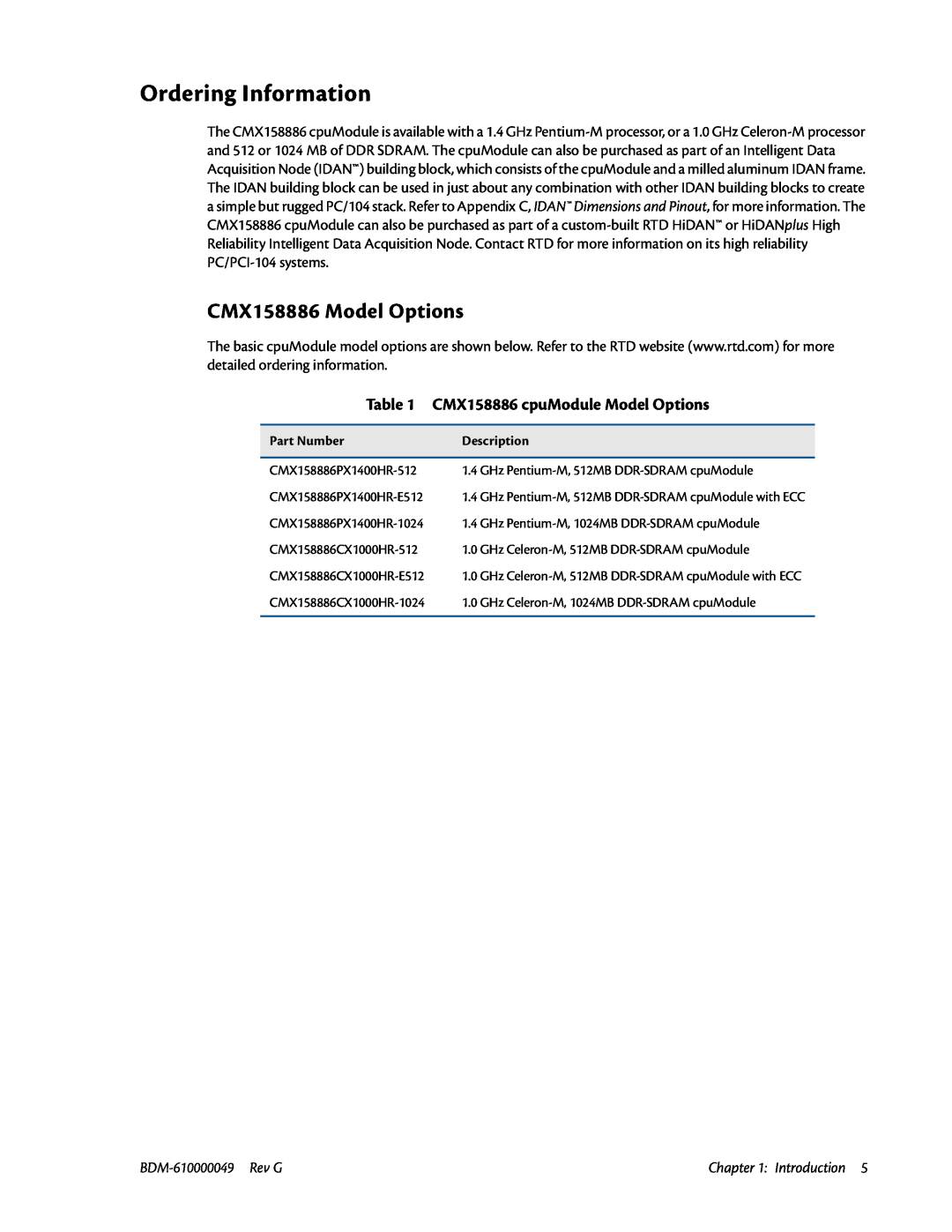 IBM BDM-610000049 Ordering Information, CMX158886 Model Options, CMX158886 cpuModule Model Options, Introduction 