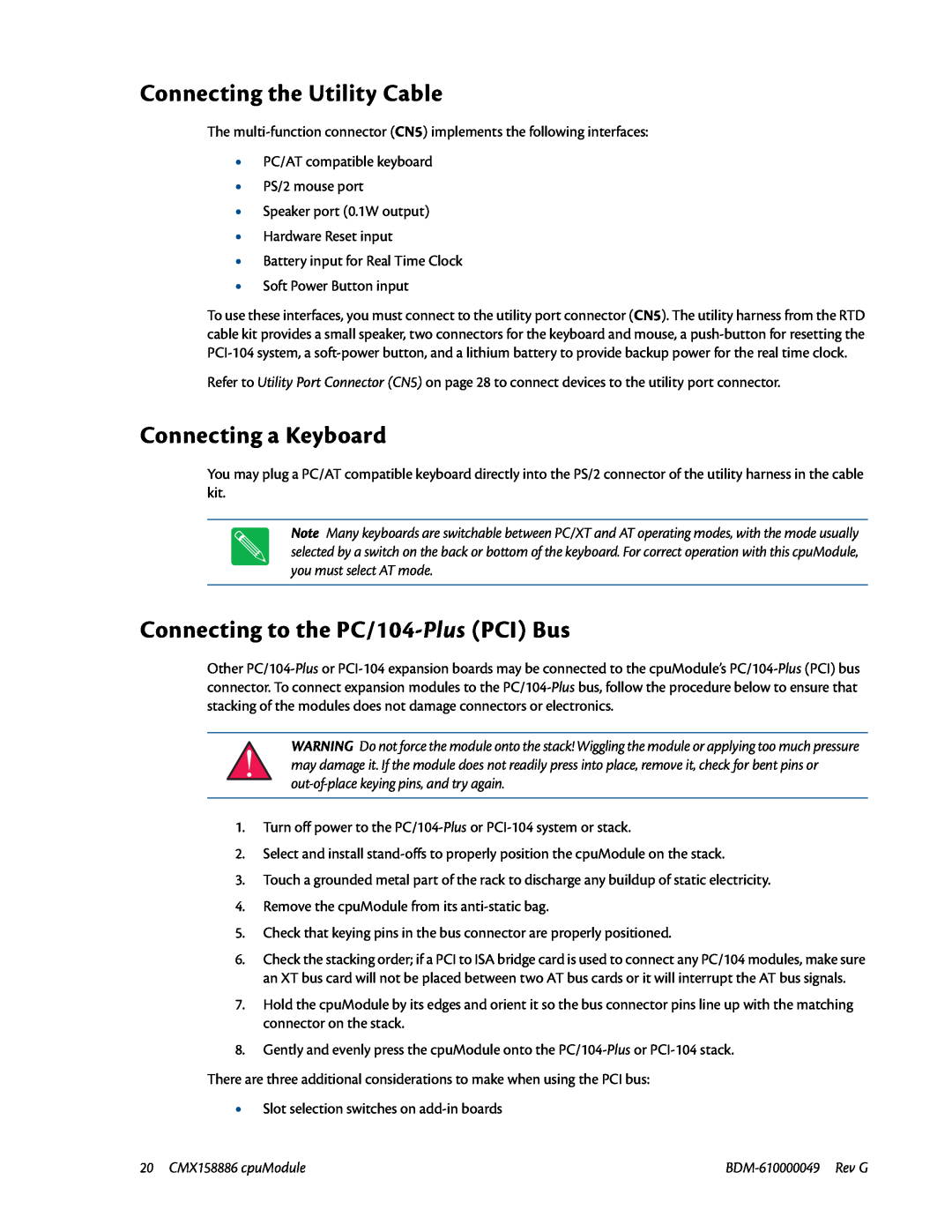 IBM BDM-610000049 user manual Connecting the Utility Cable, Connecting a Keyboard, Connecting to the PC/104-Plus PCI Bus 