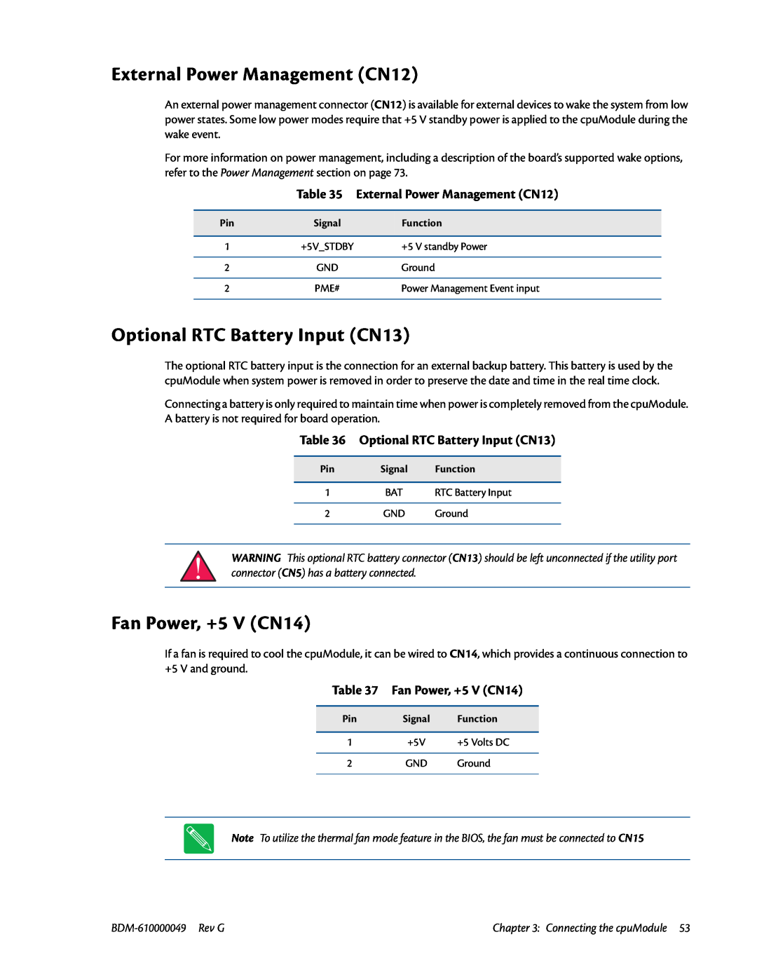 IBM BDM-610000049 user manual External Power Management CN12, Optional RTC Battery Input CN13, Fan Power, +5 V CN14 