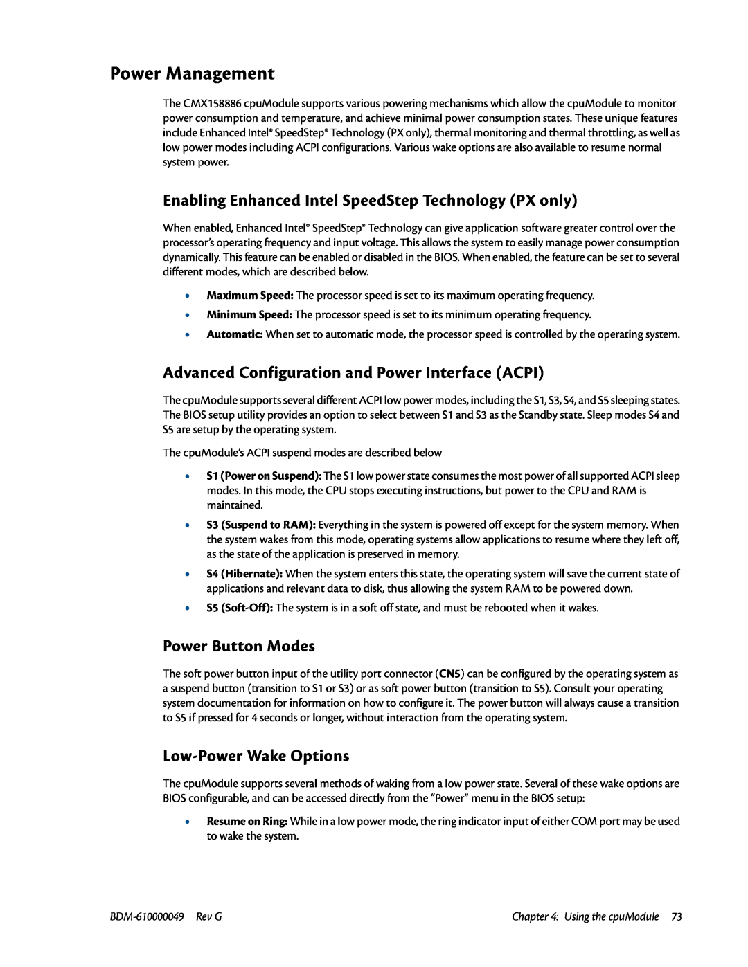IBM BDM-610000049 user manual Power Management, Enabling Enhanced Intel SpeedStep Technology PX only, Power Button Modes 