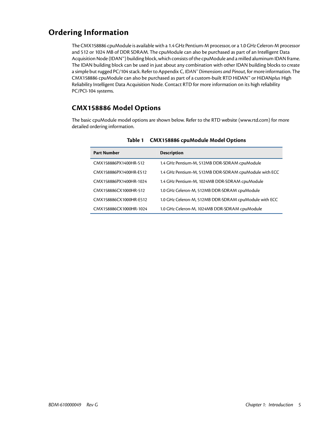 IBM BDM-610000049 user manual Ordering Information, CMX158886 Model Options, CMX158886 cpuModule Model Options 