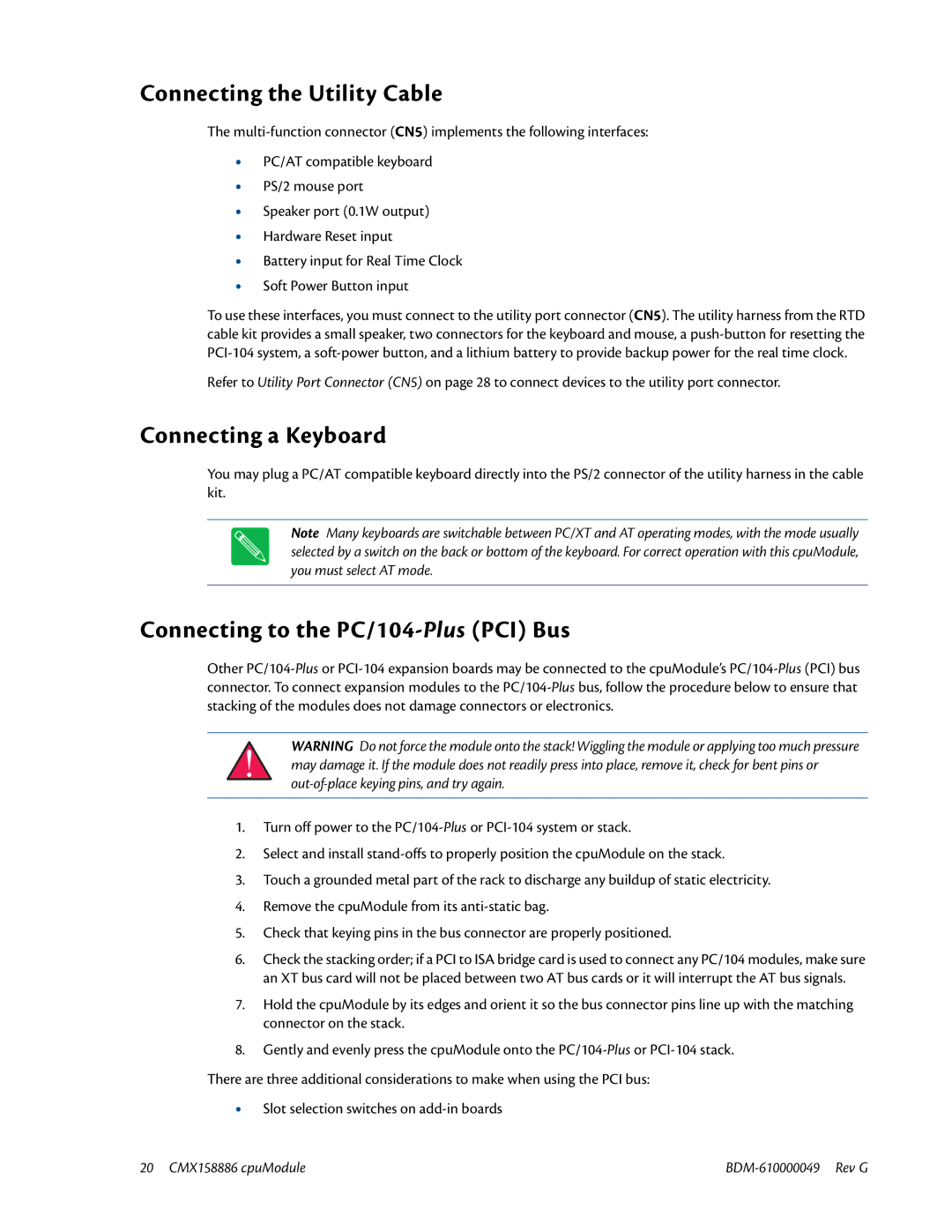 IBM BDM-610000049 user manual Connecting the Utility Cable, Connecting a Keyboard, Connecting to the PC/104-PlusPCI Bus 