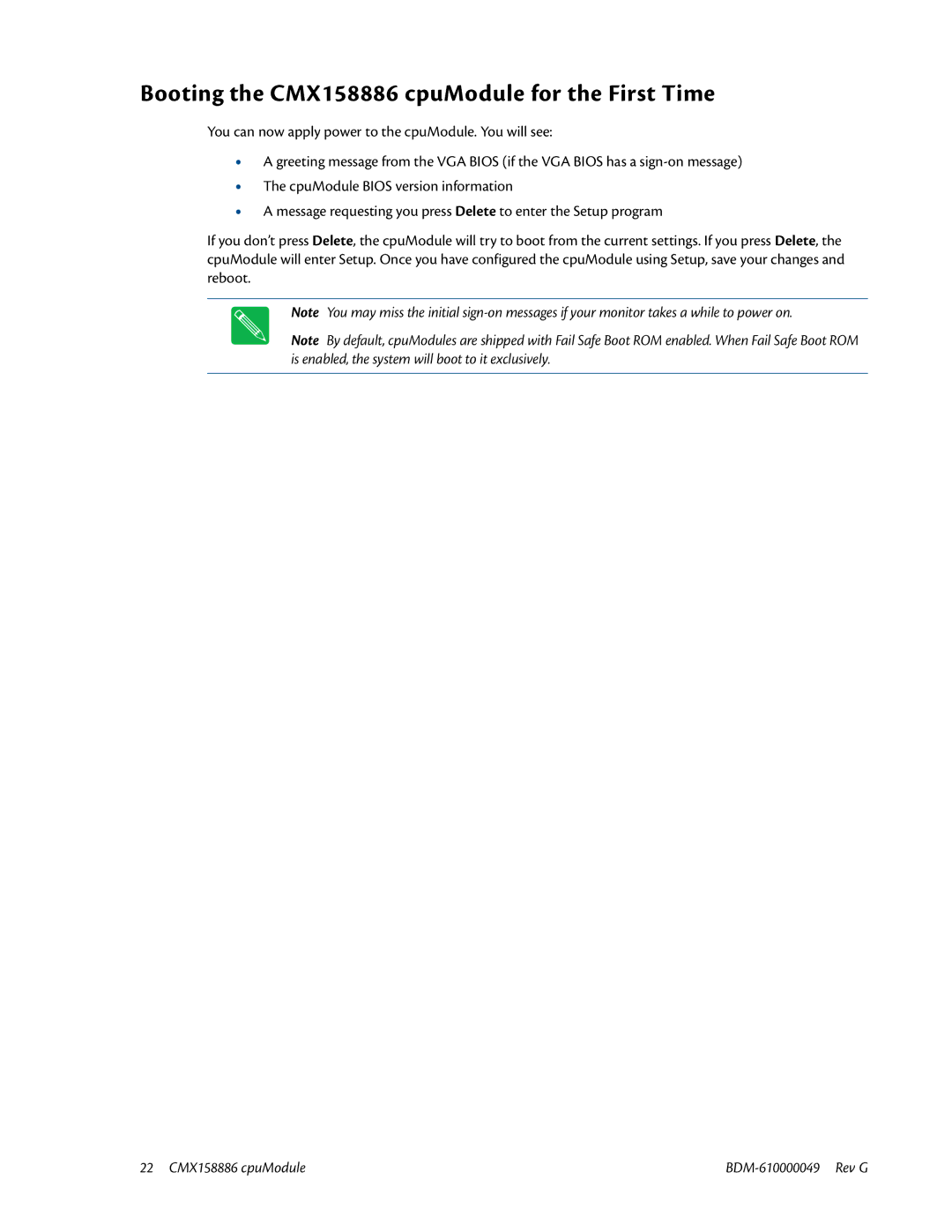 IBM BDM-610000049 user manual Booting the CMX158886 cpuModule for the First Time 