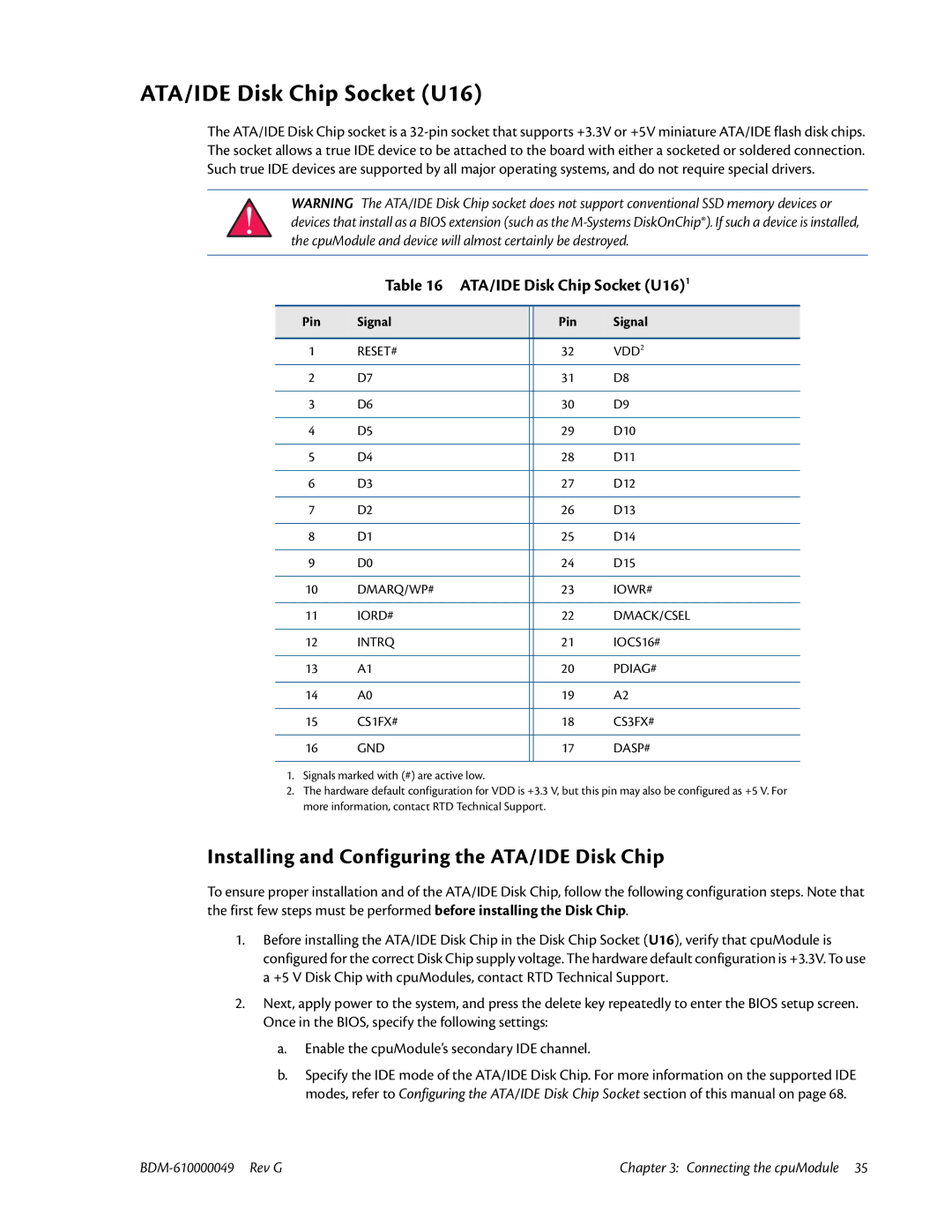 IBM BDM-610000049 user manual ATA/IDE Disk Chip Socket U16, Installing and Configuring the ATA/IDE Disk Chip 