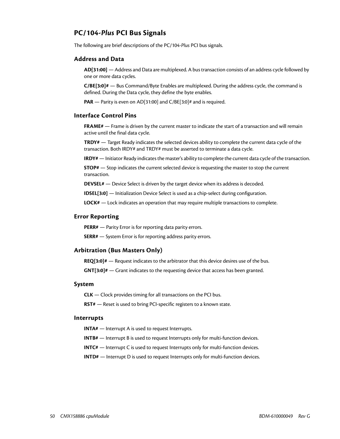 IBM BDM-610000049 user manual PC/104-PlusPCI Bus Signals, Address and Data 