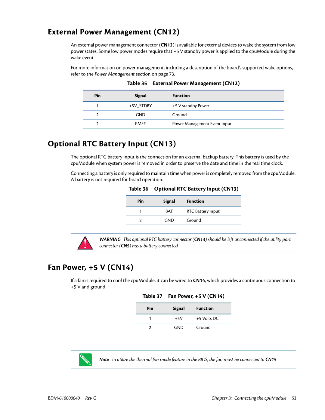 IBM BDM-610000049 user manual External Power Management CN12, Optional RTC Battery Input CN13, Fan Power, +5 V CN14 