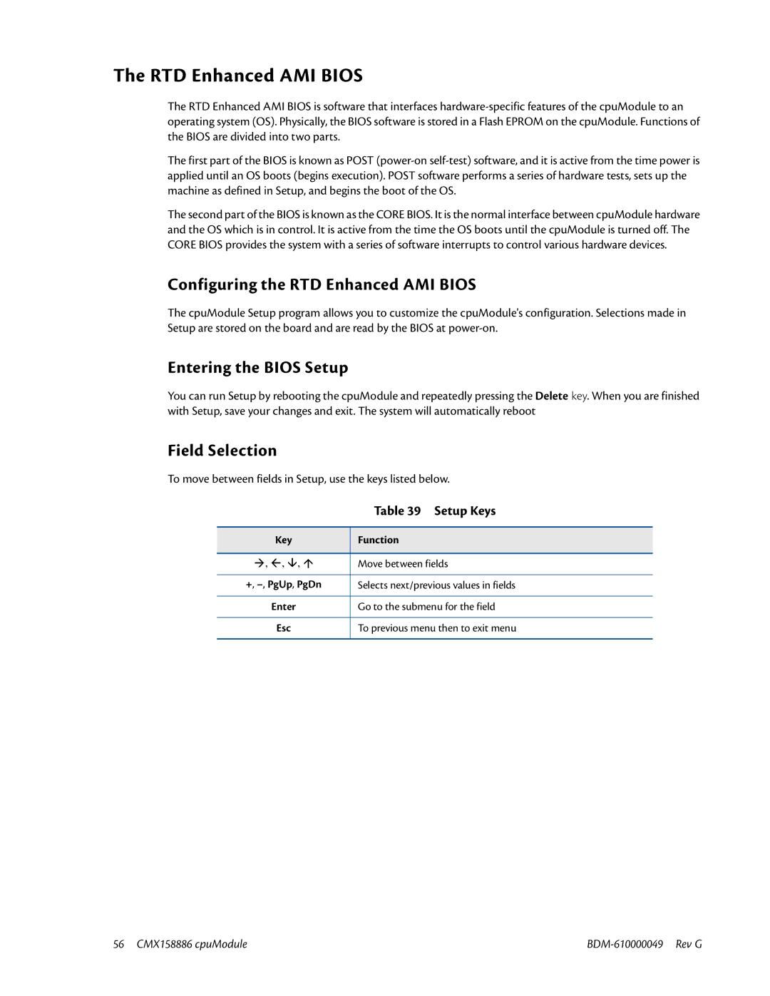 IBM BDM-610000049 Configuring the RTD Enhanced AMI Bios, Entering the Bios Setup, Field Selection, Setup Keys 