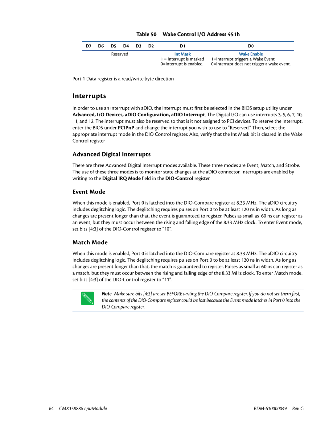 IBM BDM-610000049 user manual Interrupts, Wake Control I/O Address 451h, Reserved, =Interrupt triggers a Wake Event 