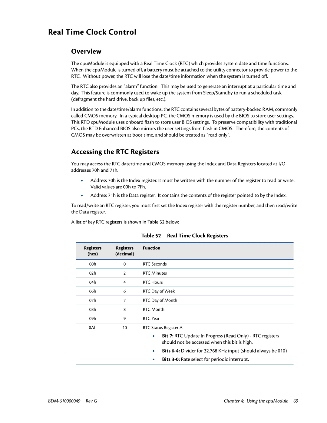 IBM BDM-610000049 user manual Real Time Clock Control, Overview, Accessing the RTC Registers, Real Time Clock Registers 