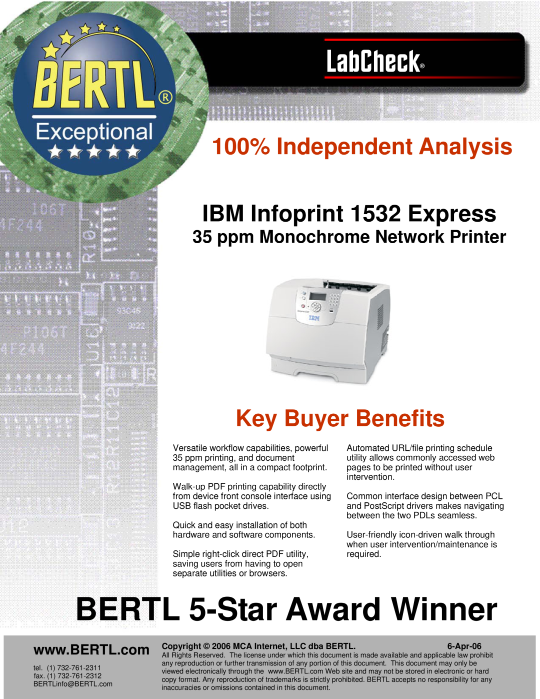 IBM Bertl manual Copyright 2006 MCA Internet, LLC dba BERTL, Apr-06, LabCheck, BERTL 5-Star Award Winner 