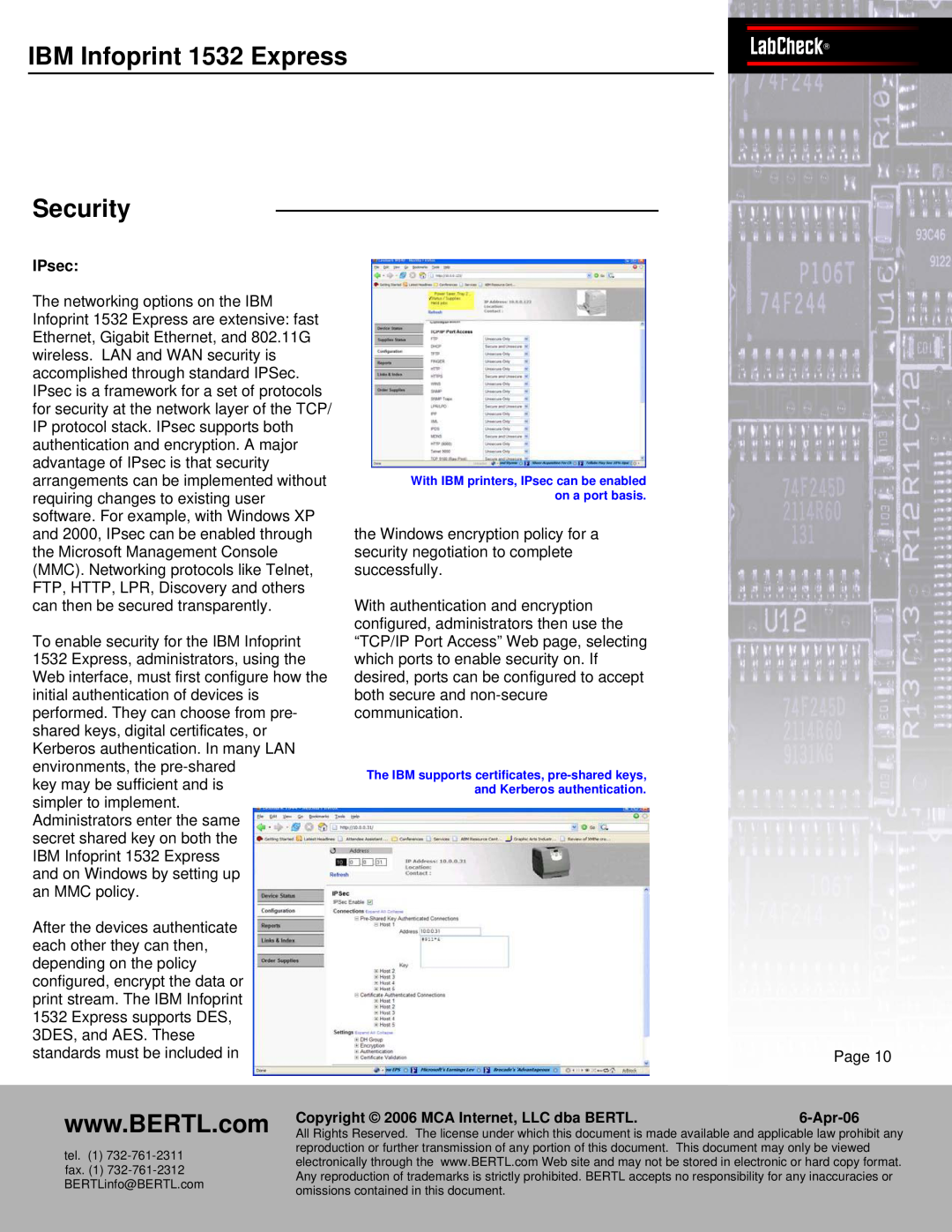 IBM Bertl manual IBMPanasInfonicprintWORKiO1532 ExpressDP-6530LabCheck Security, IPsec, Apr-06 