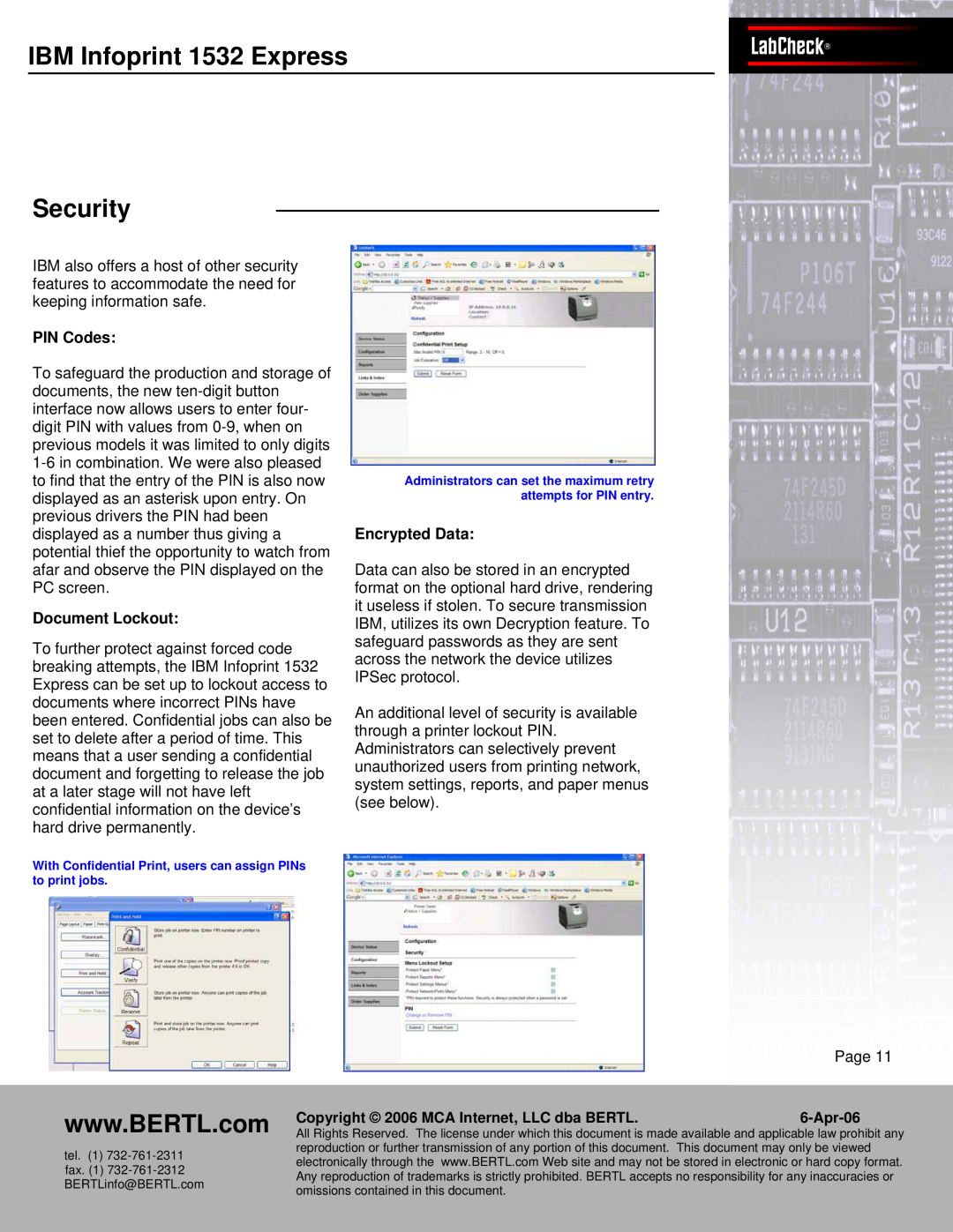 IBM Bertl PIN Codes, Document Lockout, Encrypted Data, IBMPanasInfonicprintWORKiO1532 ExpressDP-6530LabCheck Security 