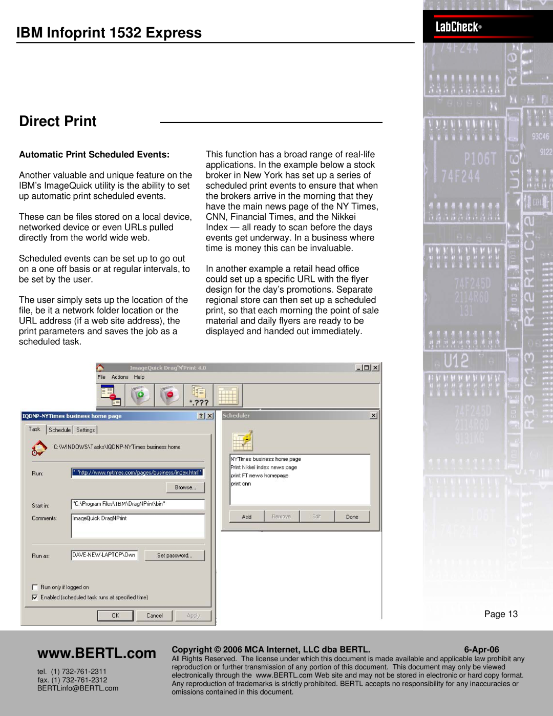 IBM Bertl manual Automatic Print Scheduled Events, IBMPanasInfonicprintWORKiO1532 ExpressDP-6530LabCheck Direct Print, Page 
