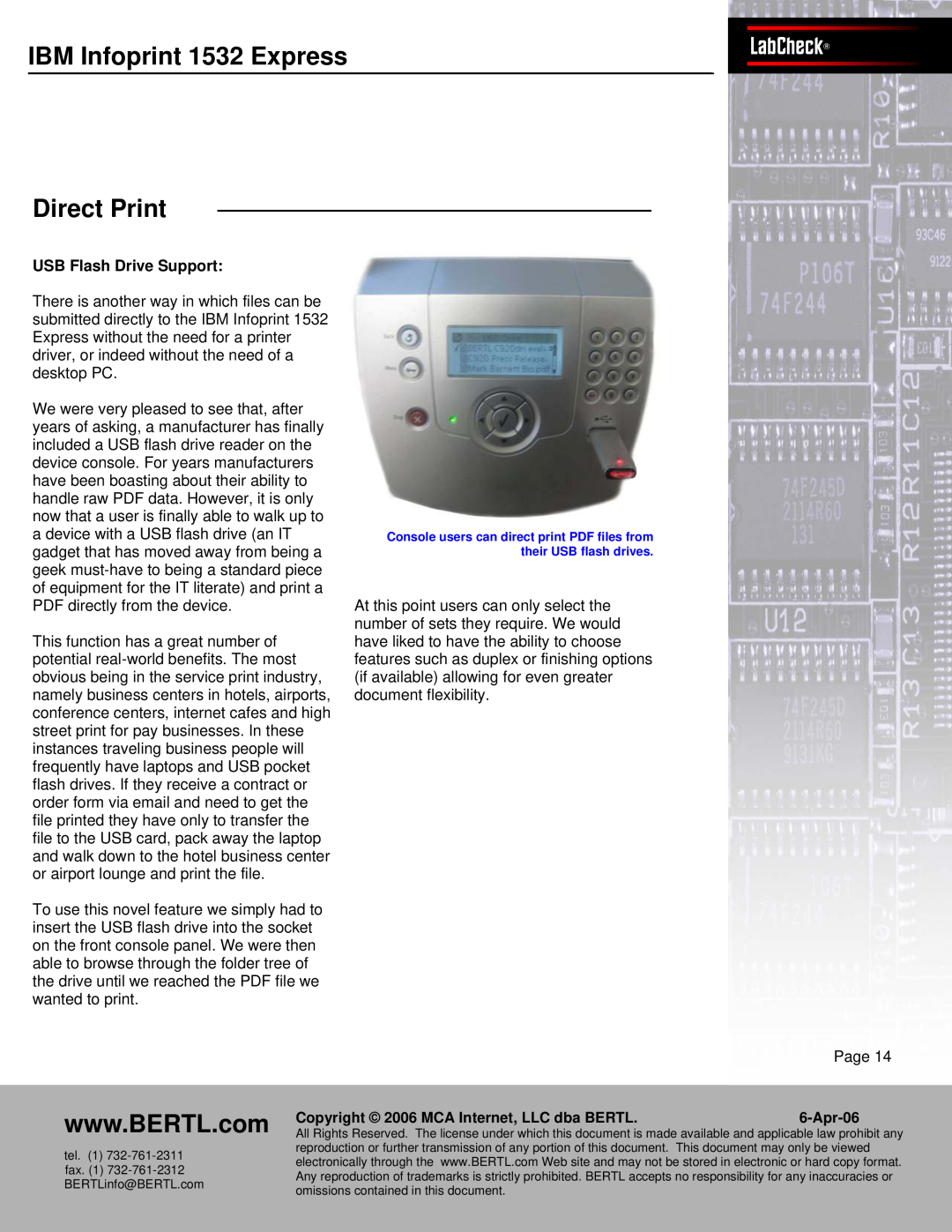 IBM Bertl manual USB Flash Drive Support, IBMPanasInfonicprintWORKiO1532 ExpressDP-6530LabCheck Direct Print, Page, Apr-06 