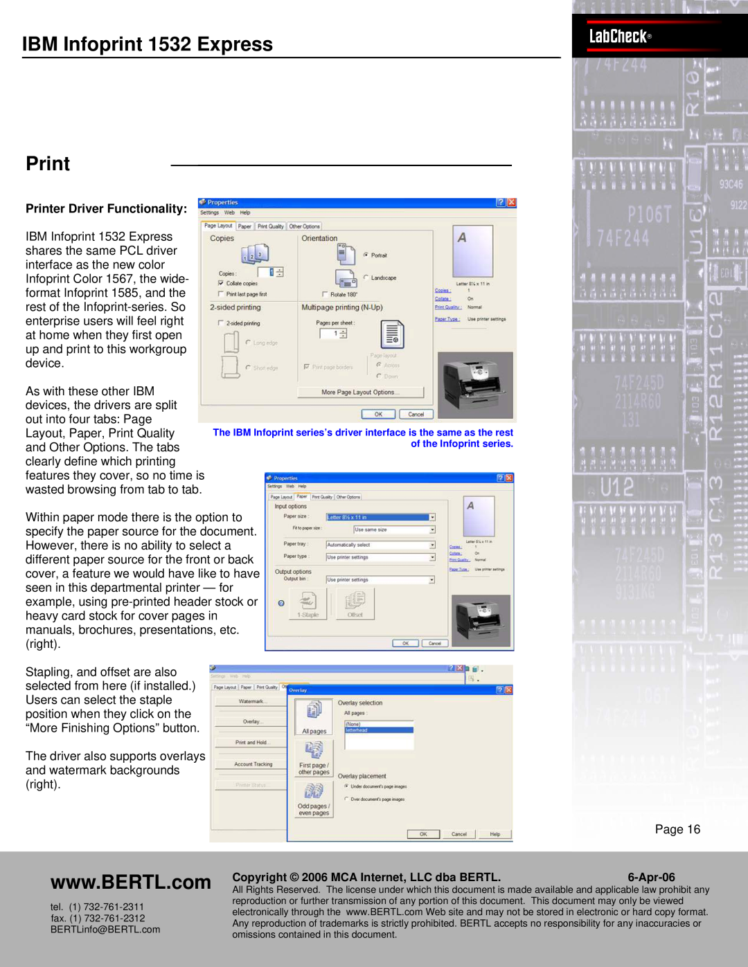 IBM Bertl manual IBMPanasInfonicprintWORKiO1532 ExpressDP-6530LabCheck Print, Printer Driver Functionality, Page, Apr-06 